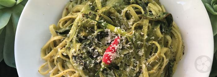 pesto with green tea makes good use of leftover leaves and tastes good too!